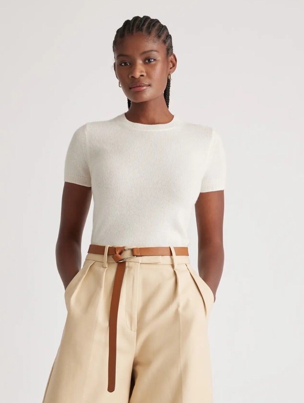 Quince Ivory Cashmere Tee 100% Mongolian Cashmere Minimal Luxe Short Sleeve XS